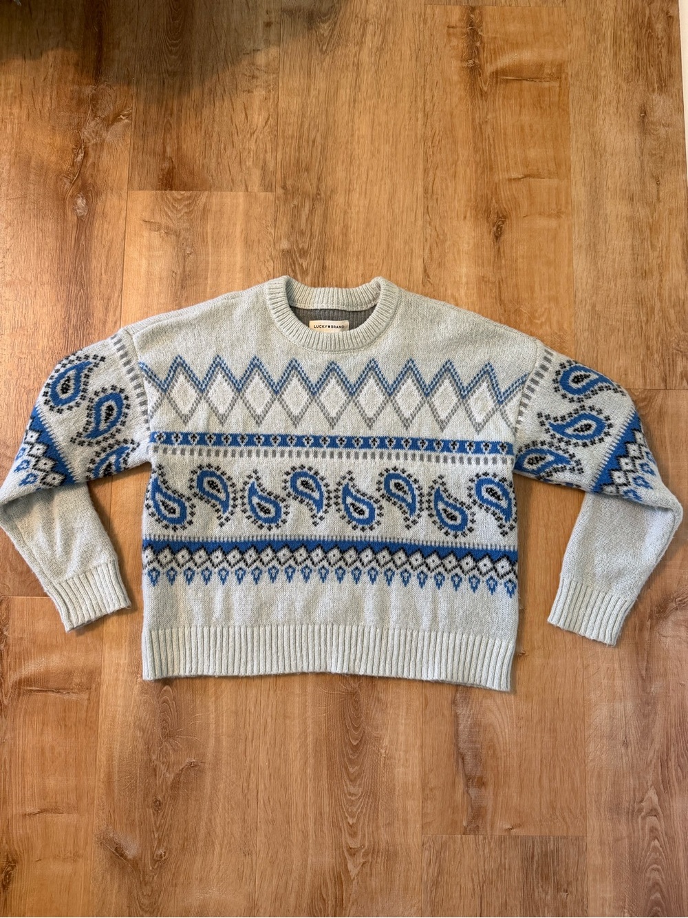 Lucky Brand Fair Isle Crewneck Sweater with Blue Paisley Detail